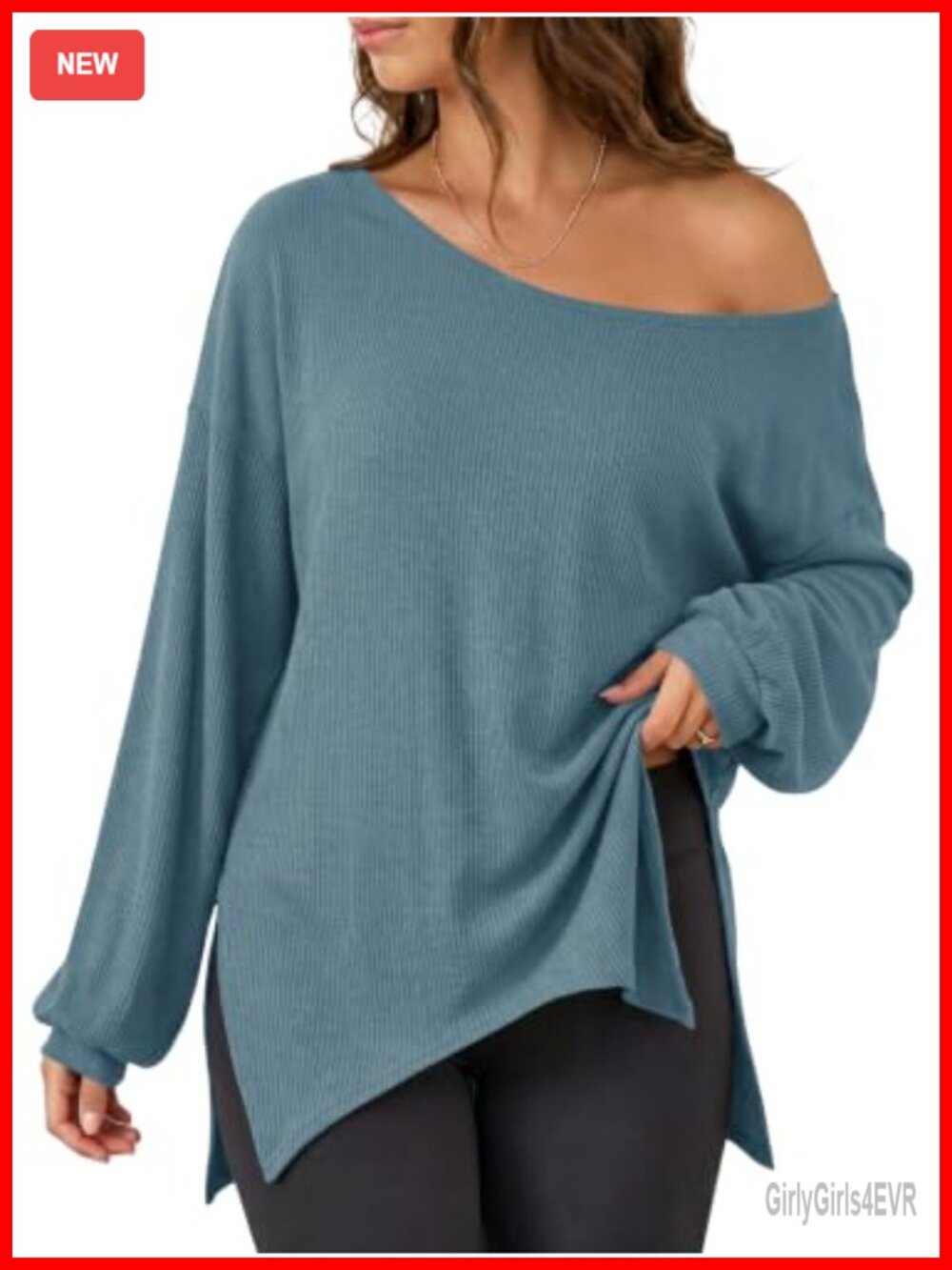 Womens Off Shoulder Oversized Ribbed Knit Pullover Sweatshirt Long Sleeve Tunic